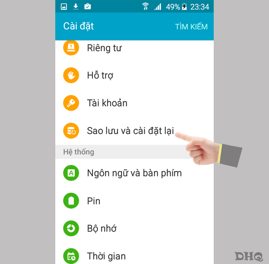 Chọn sao lưu và cài đặt lại